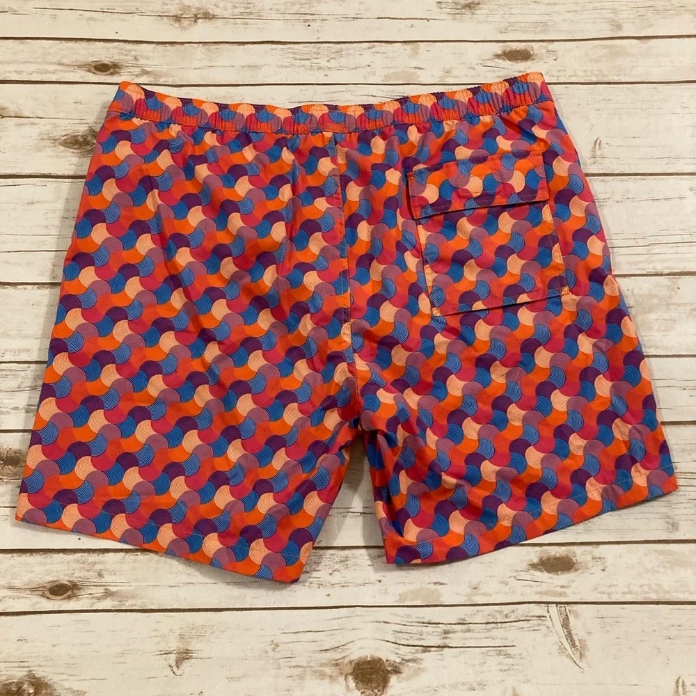 Psycho Bunny Orange Red Blue Geometric Swim Trunks